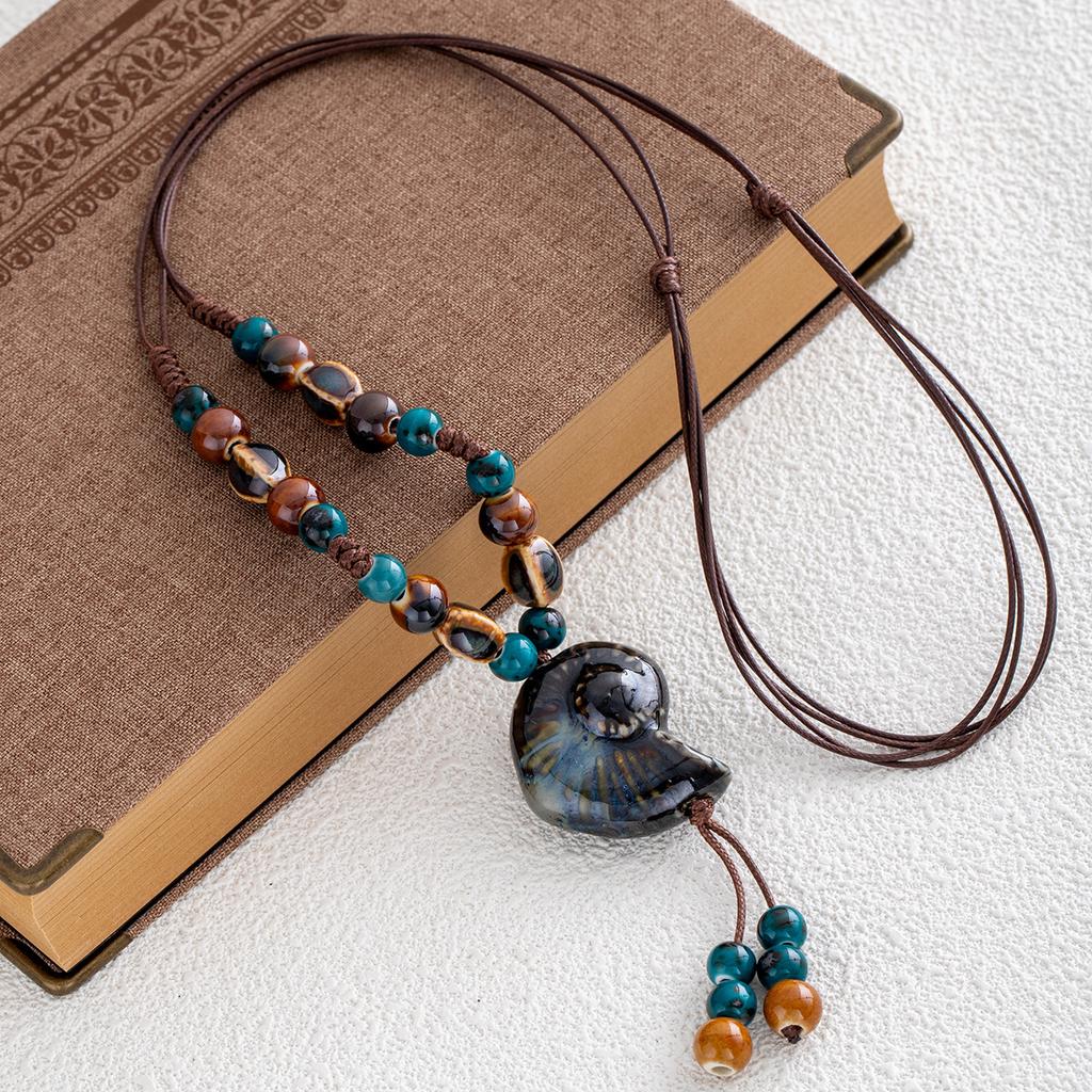 Vintage Keramische Kralenketting Schelp Hanger Ketting Vrouwen Boheemse Exotische Etnische Stijl Geweven Reisketting