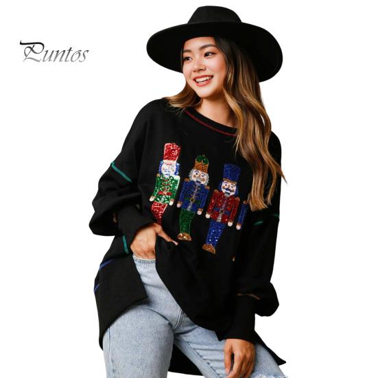 Женская толстовка с пайетками, рисунком из мультфильмов, разрезом, круглым вырезом и длинными рукавами, в рождественском стиле, для вечеринки на Новый год S чёрный