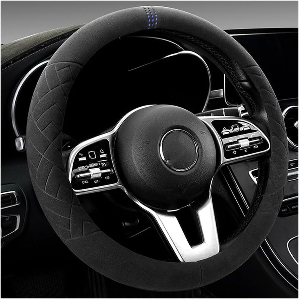 Car Suede Steering Wheel Cover, Non-Slip Protector for Auto Steering Wheel with Grid of The Correction Marker, Breathable Universal Automotive