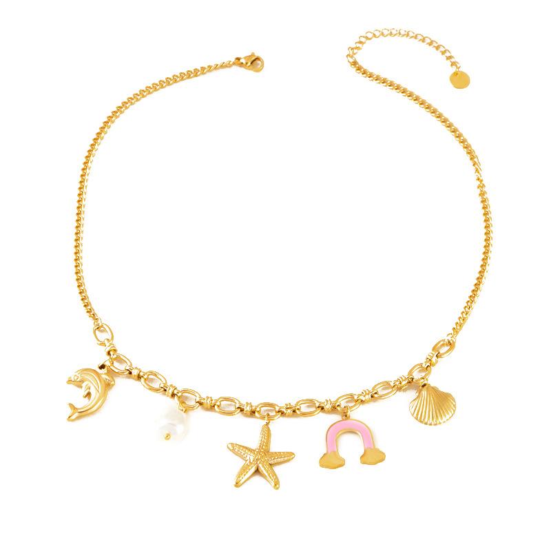 

Ожерелье-подвеска в океанском стиле, кулон в виде дельфина и морской звезды, гребешок, цепочка из титановой стали с замком из кости 21-50cm золотой