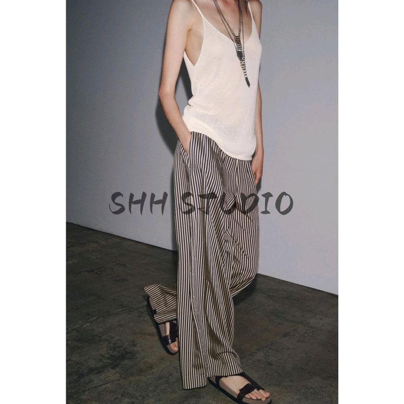 Summer New Product Women's Clothes American Viscose Blended Long Wide Faded Stripes Draping Mid-Waist Pants 3717040