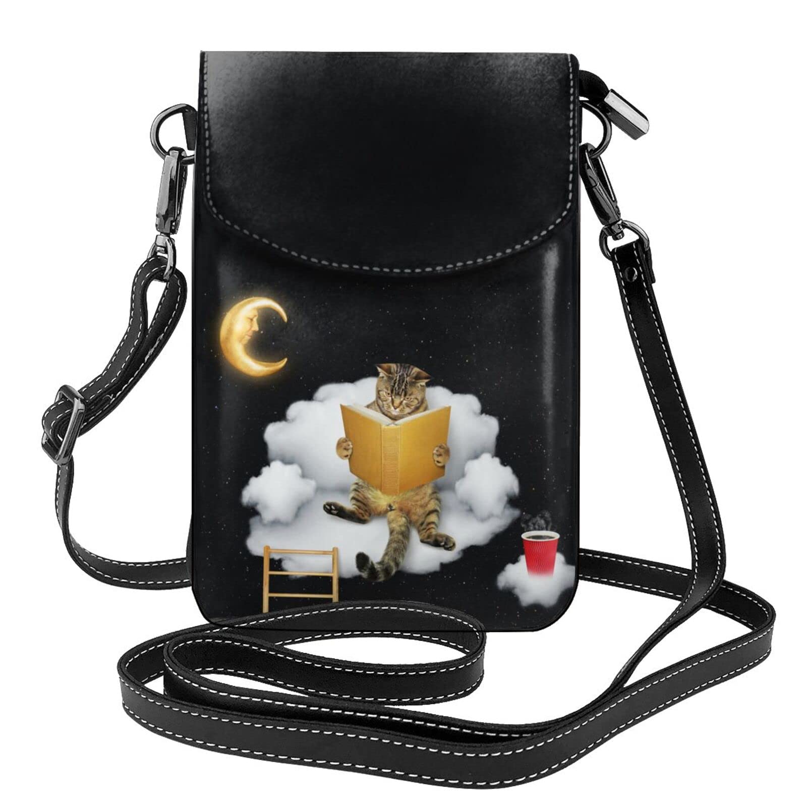 

[JMI] Cat Print Reading Moon Night Smartphone Pouch, Genuine Leather Shoulder Bag, Thin, Women s and Men s Mini Pouch, Popular Wallet, Crossbody Bag