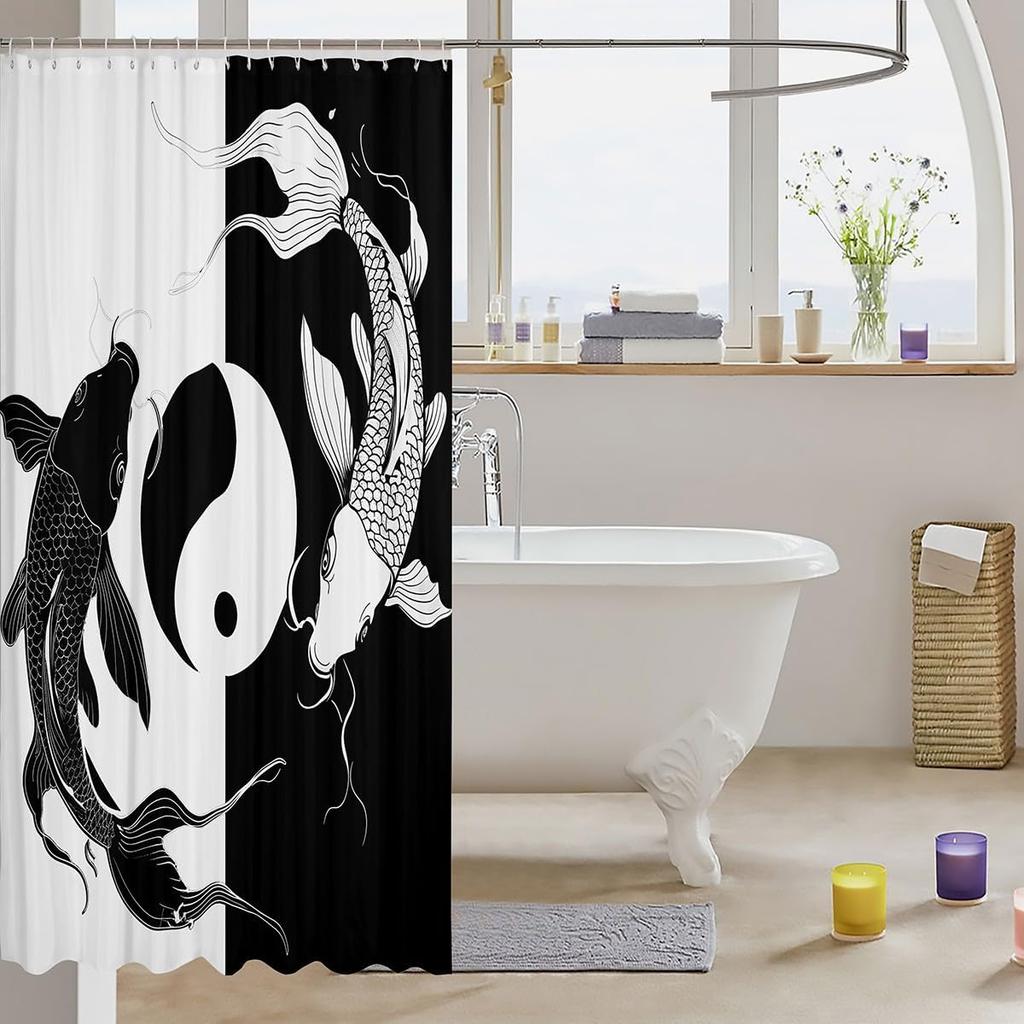 Kids Koi Fish Shower Curtain Boys Girls Yin Yang Bathroom Shower Curtain Set Japanese Style Bath Curtain Fish Pattern Bathroom