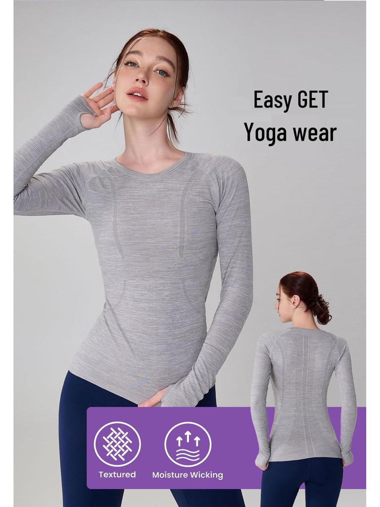Women's Seamless Waist-Cinched Round Neck Long Sleeve Yoga Top: Breathable, High Elasticity, Shaping, Fitness Base Layer.