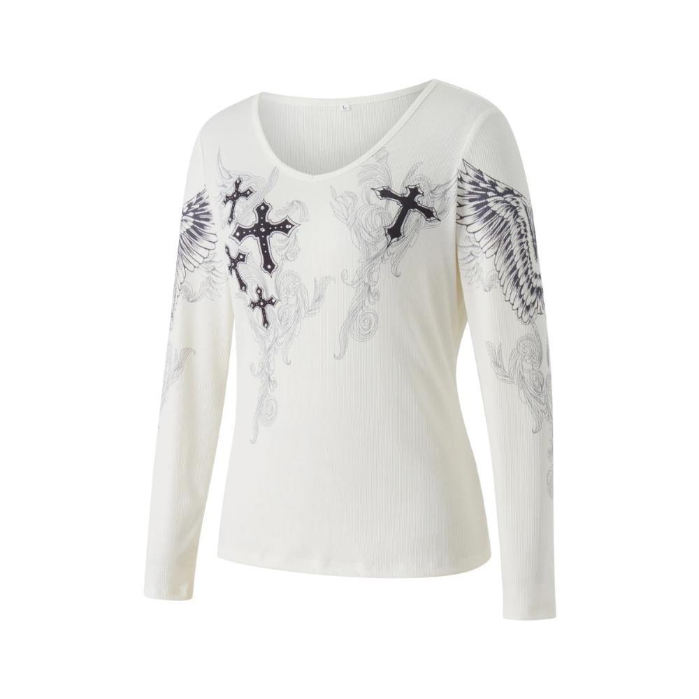 Y2k Graphic Cross Wings Print Long Sleeve Women Grunge Fairy T-shirt Harajuku Tee 2000s Aesthetic Punk Style Clothes Streetwear