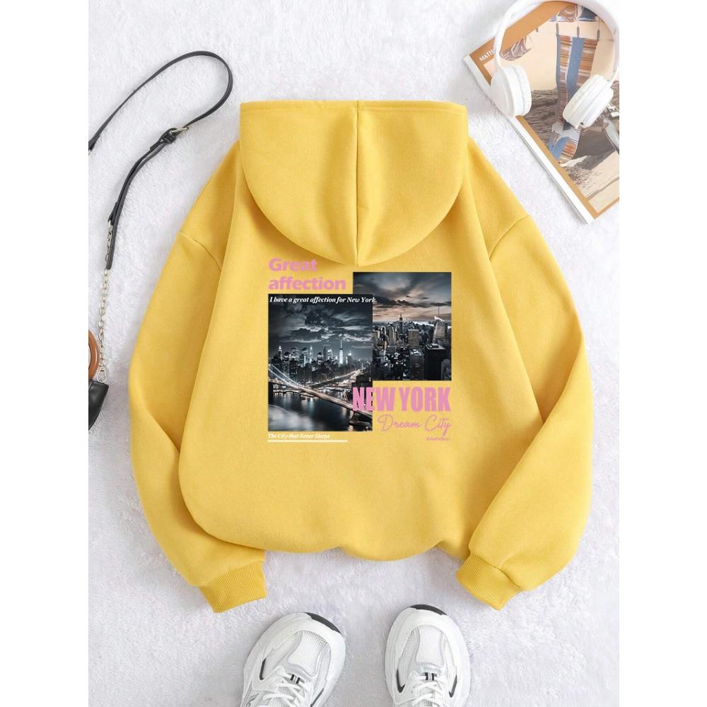 New York Dream City Printed Hoodies Casual Fashion Women Pullover Warm Pocket Sweatshirt Oversize Street Clothes