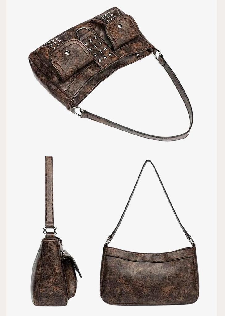 Retro Brown Studded Punk Shoulder Bag: Double Pocket Baguette for the Bold and Stylish