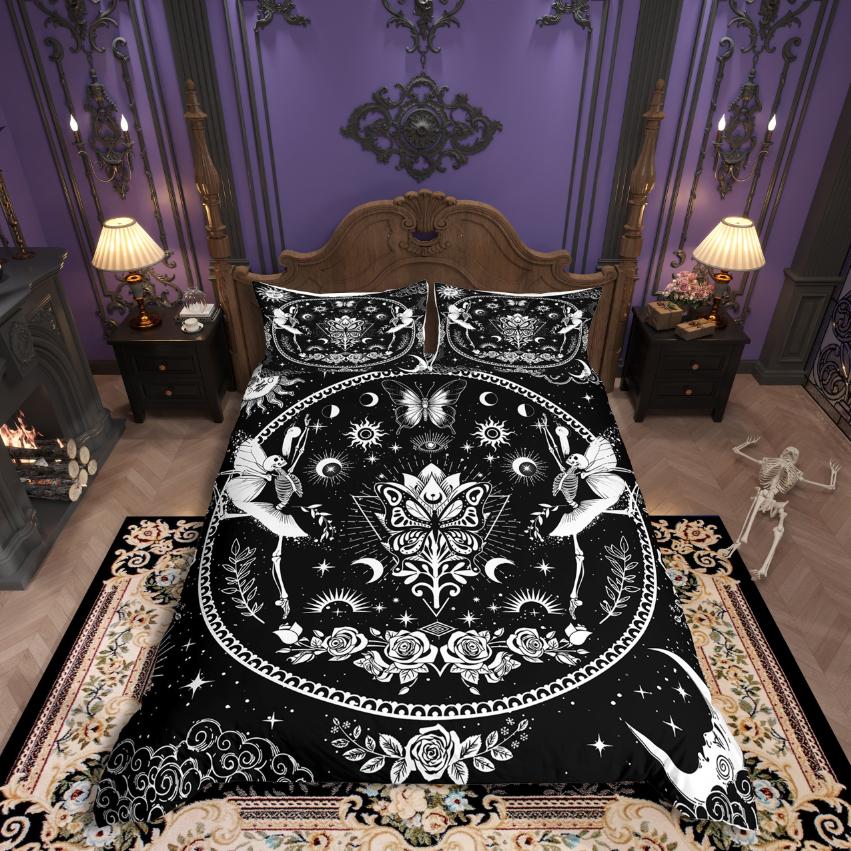 Homewish Gothic Theme Duvet Cover SetSpooky Halloween Comforter Cover SetBlack Crown Birds Bed Set For Boys Teens