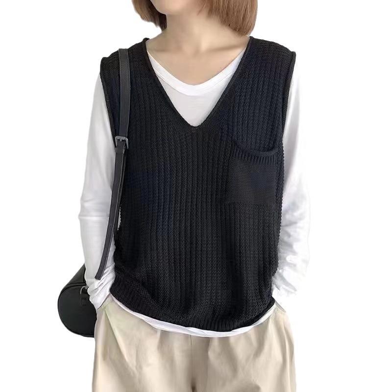 Spring and Autumn Women's Solid Color V-neck Artistic Knitted Vest Plus Size Sweater Vest