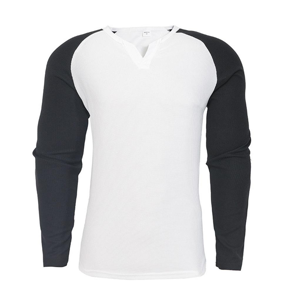 Men's V-neck Colorblock Long Sleeved T-shirt Casual Sports Slim Fit Top