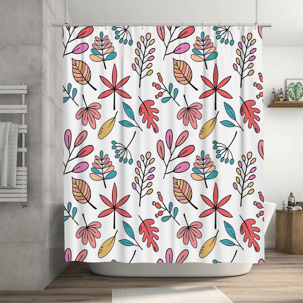 Hand Drawn Leaf Shower Curtain Multicolored Leaves Pattern Bath Decoration Waterproof Printed Fabric Bathroom Decorations White/