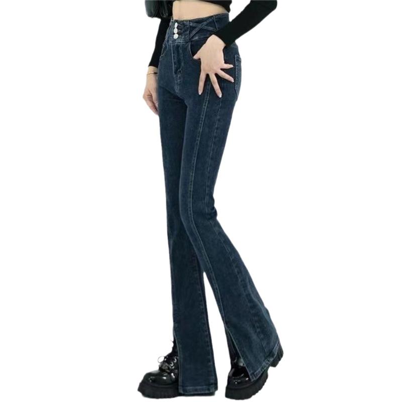 Pikantna Dziewczyna Seksowny Slim Fit Boczne Szwy Przesunięte do Przodu dla Efektu Wyszczuplenia i Wysokiego Kroju, Rozporek, Mikro Rozszerzane Damskie Jeansy