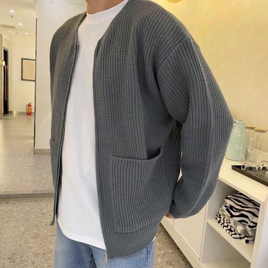 Men Cardigan Sweater Solid Color Full Zip Up Casual Sweater Warm Knitwear Jacket with 2 Front Pockets for Autumn And Winter