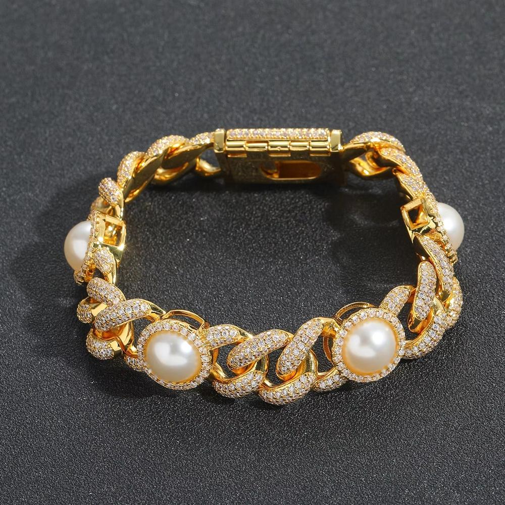 Personalized Hip Hop Jewelry Inlaid Pearl Cuban Chain Bracelet 15mm Bling CZ Iced Out Cuban Chain Pearl Bracelet