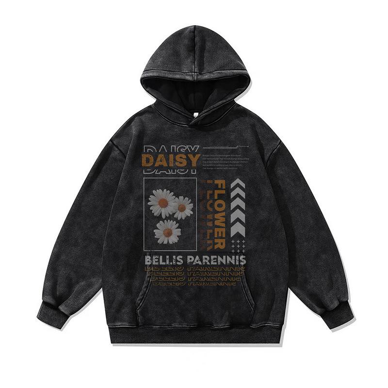 European And American Street Tide Brand Sweater Retro Trend Flower Printing Washed Old Large Version Hoodie Men And Women