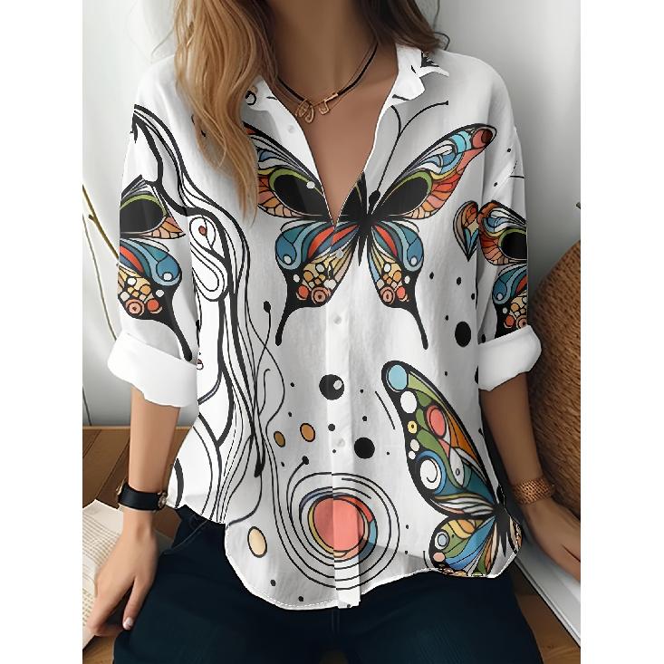 Spring and Autumn 3D Digital Print Women's Fashionable Collared Long Sleeve Casual Shirt