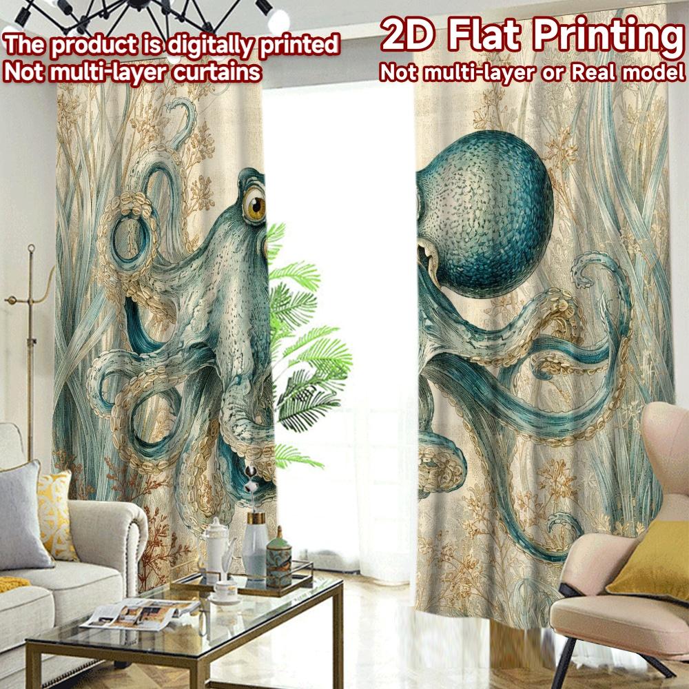 2D FLAT PRINTING 2pcs Curtains (Without Rod) Blue Octopus In Seaweed Light Filtering Popular Curtains Machine Washable Fabric
