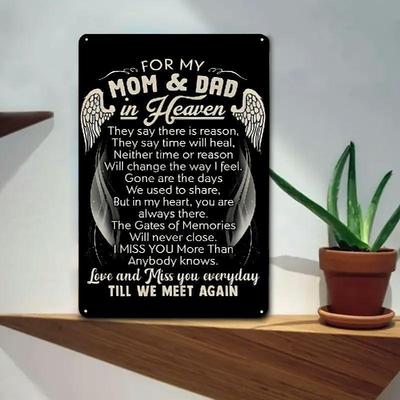 -Inspired "for My Mom & Dad In Heaven" Metal Sign - , Rustic Iron Wall Hanging Memorial Decor with Angel Wings & Heartfelt M