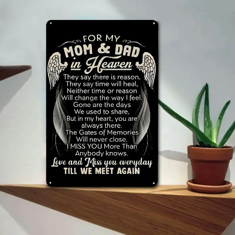 

-Inspired for My Mom & Dad in Heaven Metal Sign - , Rustic Iron Wall Hanging Memorial Decor with Angel Wings & Heartfelt M 20x30cm（7.8x11.8inch）