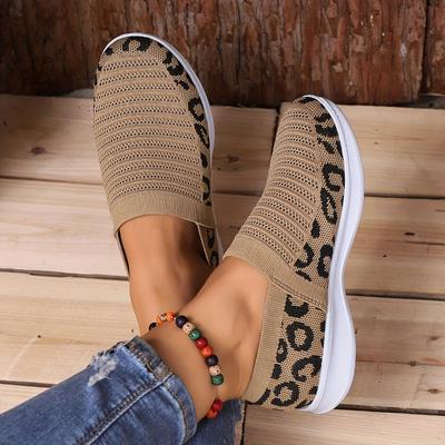 Women's Leopard Print Knit Running Shoes - Soft, Breathable, Lightweight Slip-On Sneakers with EVA Sole for Casual & Active Wear, Casual Sneakers