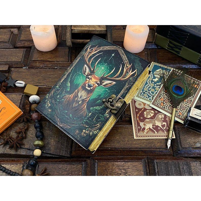 Vintage Leather Journal Deer Printed Journal Blank Spell Book of Shadows Handmade Leather Journal Grimoire Journal with Deckle Edge Paper