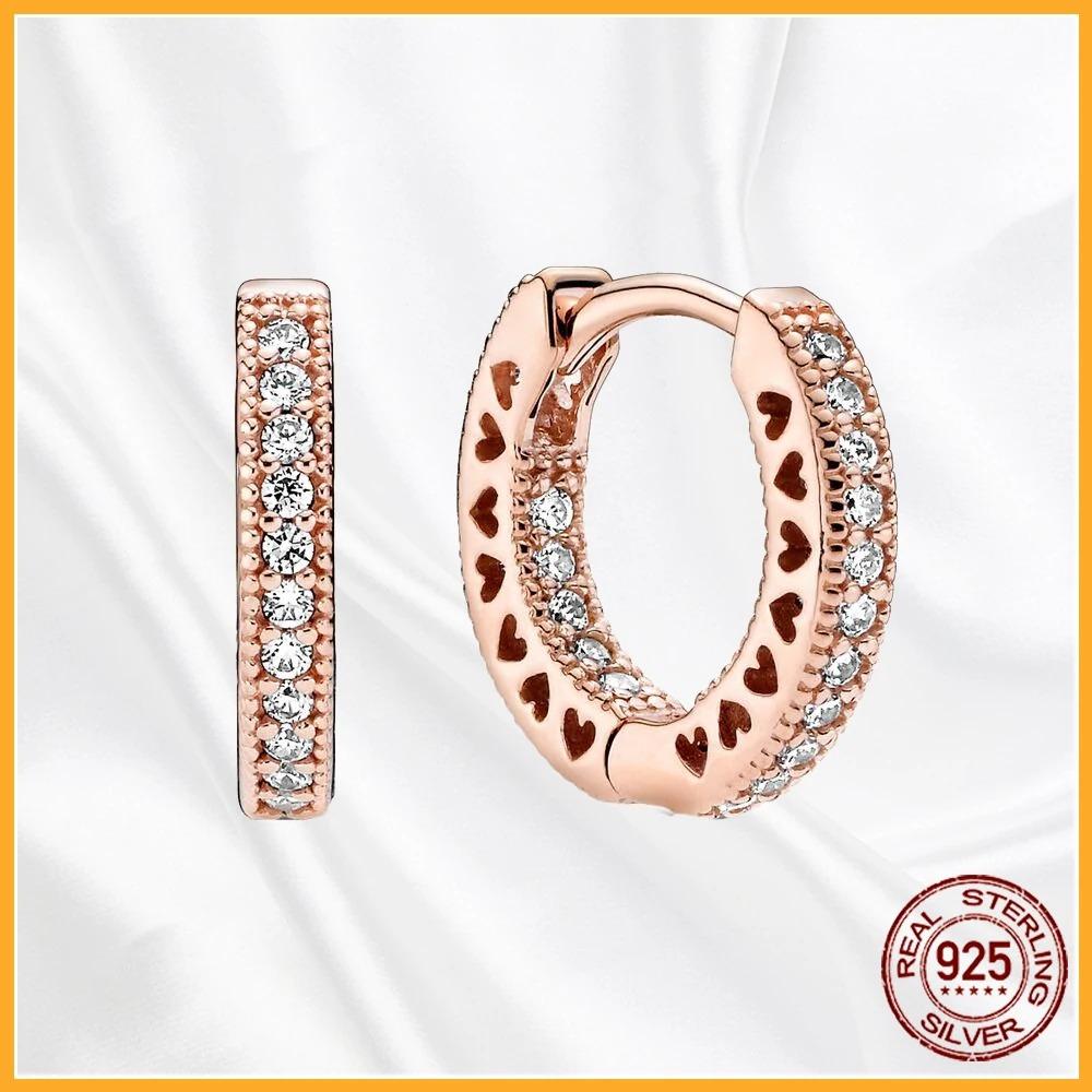 925 Silver Heart Hoop Earrings Sparkling Original Jewelry Gift for Women