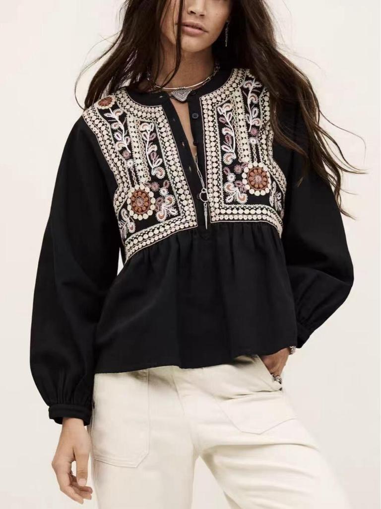 Camicia Larga Ricamata Francese Stile Bohemien con Maniche a Lanterna