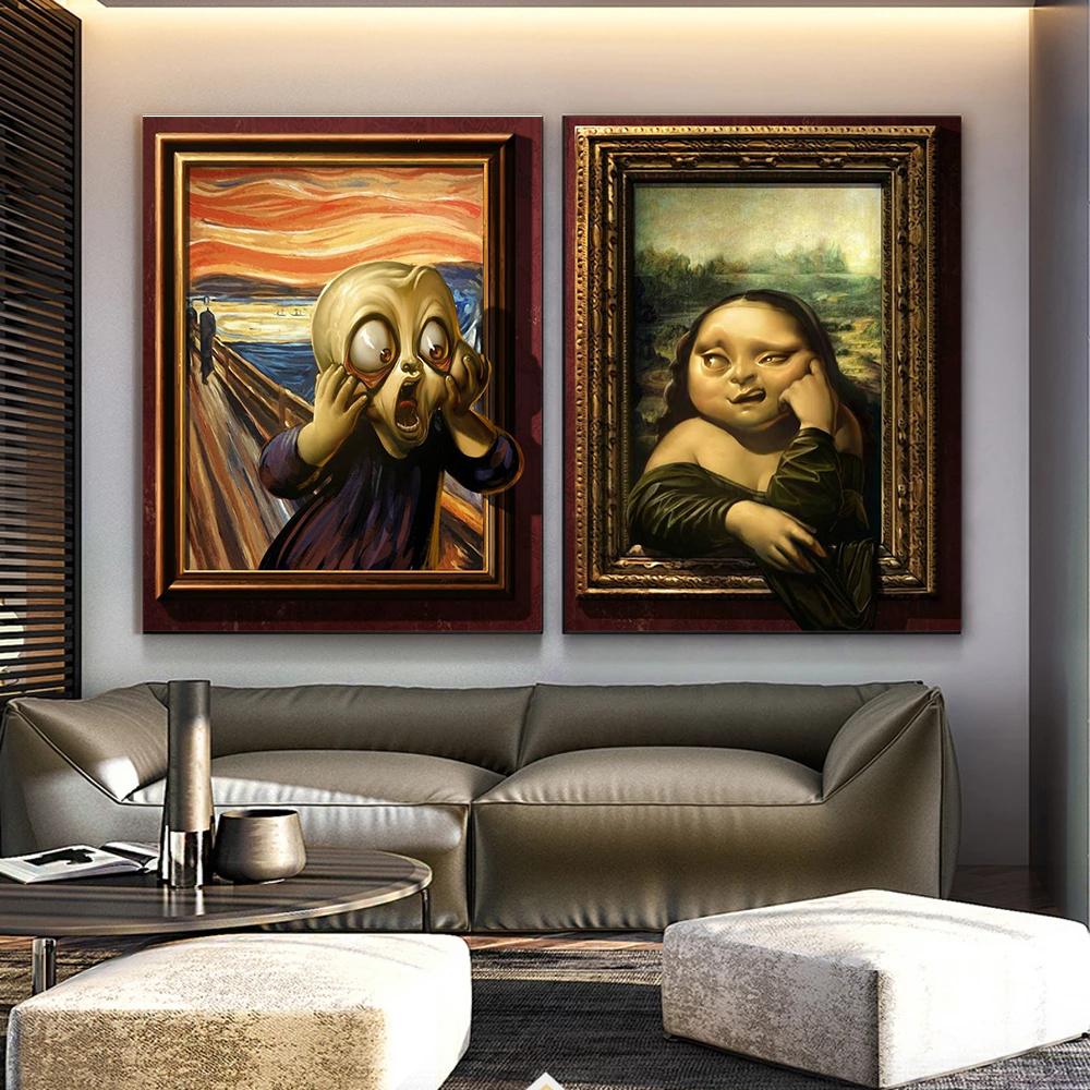 Edvard Munch Skriet Och Mona Lisa Rolig Tecknad Konstverk Poster Canvastavla Abstrakt Väggkonst Bilder Heminredning