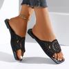 Fashion Bohemian Hollow Out Breathable Slides Women Summer Solid Black Glitter Flat Heel Slippers Elegant Square Toe Sandals Size 43