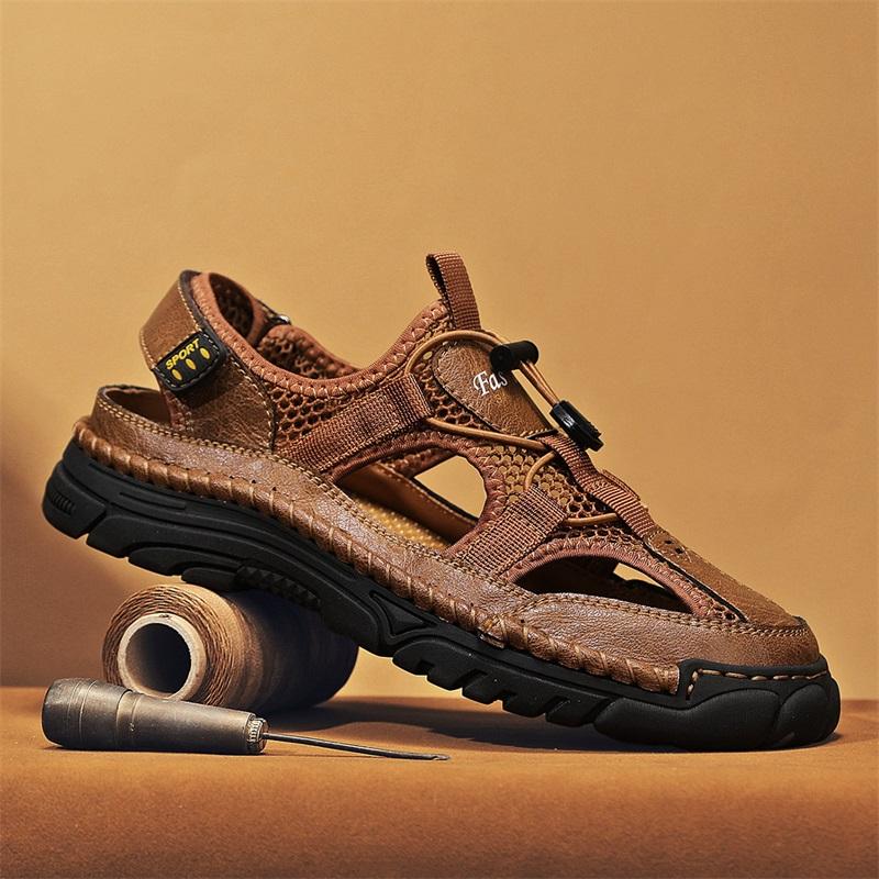 Fashion 2025 Summer Big Size 38-46 Handmade Stitching Mens Sandals Leather Anti-Slip Beach Shoes Breathable Casual Sandals for Wide Feet