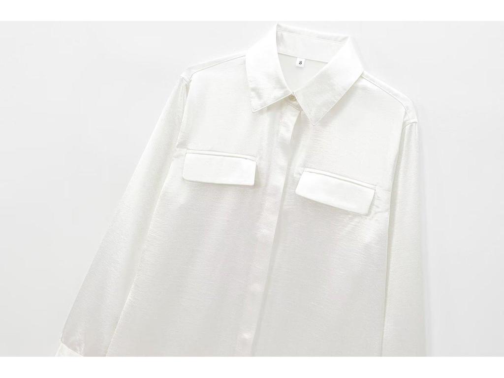 Satin Texture Long Sleeve Shirt with Pocket Decoration - 2024 European & American Fashion for Women
