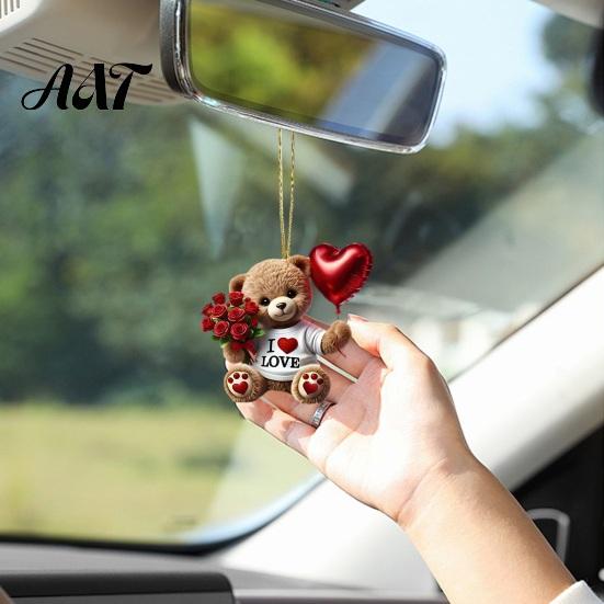 Heart Balloon Hanging Decoration Teddy Bear Ornament, Holding Red Rose Bouquet Decoration, Ornament Car Rearview Mirror 2D Flat Acrylic