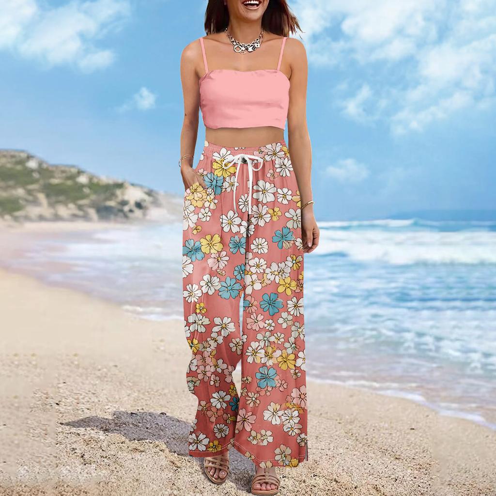 Dámské letní kalhoty Boho Palazzo s vysokým pasem a širokými nohavicemi s květinovým potiskem ležérní kalhoty s kapsami