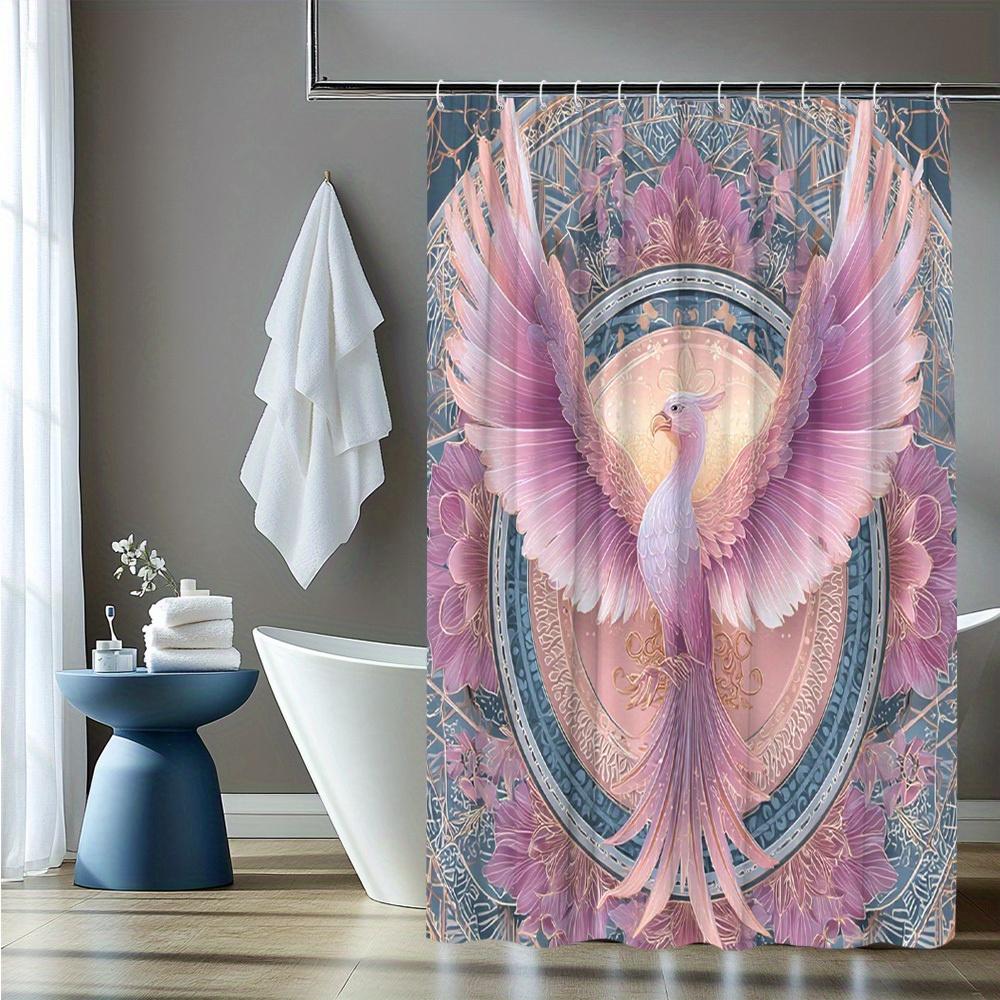 1Pc Phoenix Shower Curtain, Animal And Floral Pattern Bath Curtain, Bathtub Partition Hanging Fabric, Bathroom Decor, Polyester