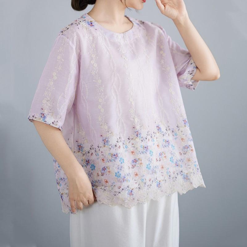 Short sleeve Oversized cotton vintage floral Casual loose t shirt tops Women summer t-shirt