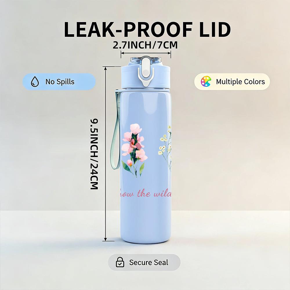 1PC Soft Pastel Wildflower 750ml Color Plastic Sports Water Bottle Leakproof Flip Straw Lid Suitable for Sports Office Home Use