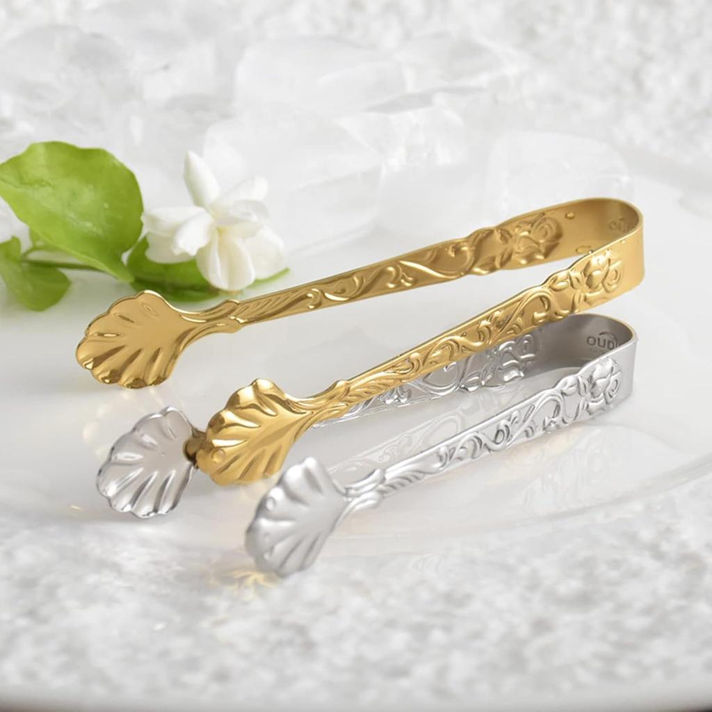 2Pack Rose Handle Sugar Tongs, Vintage Rose Relief Stainless Steel Ice Cube Clips Sugar Tongs Sliver and Gold Small Food Clips for Tea and Coffee