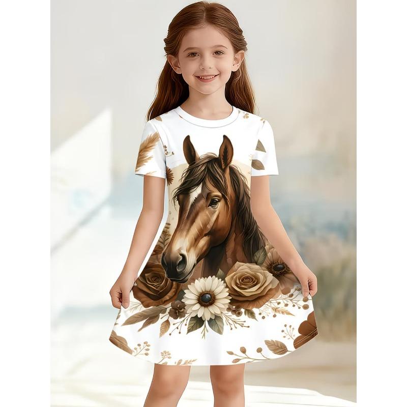 Children's Clothing Girl Cute Funny Animal Horse 3D Printed Graphic Summer Dresses Comfortable Crew Neck