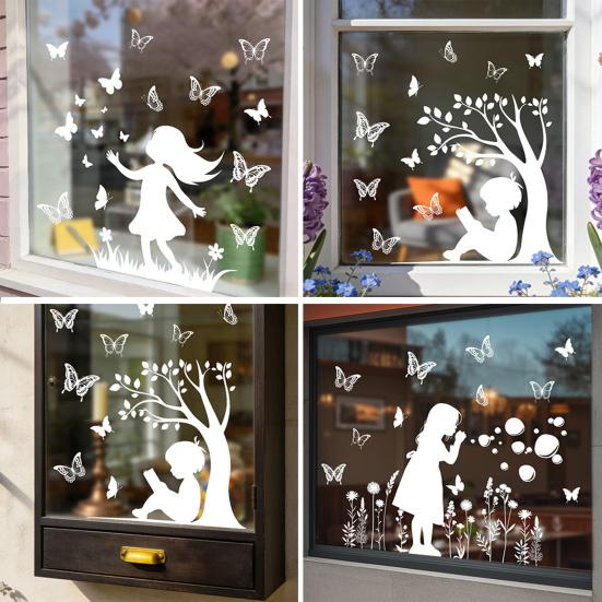 Girl Boy Butterflies Window Cling White Static Window Stickers Removable Decals for Home Office Glass Door Window Decoration