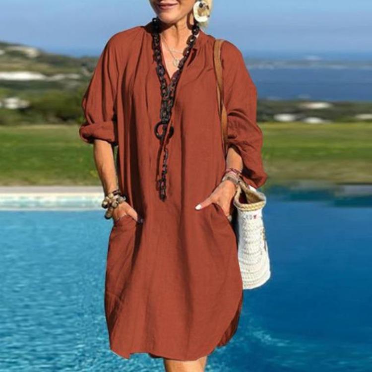 Women Summer Boho Cotton Linen Dress Casual Beach Vacation Sundress Long Sleeve V Neck Loose Dress