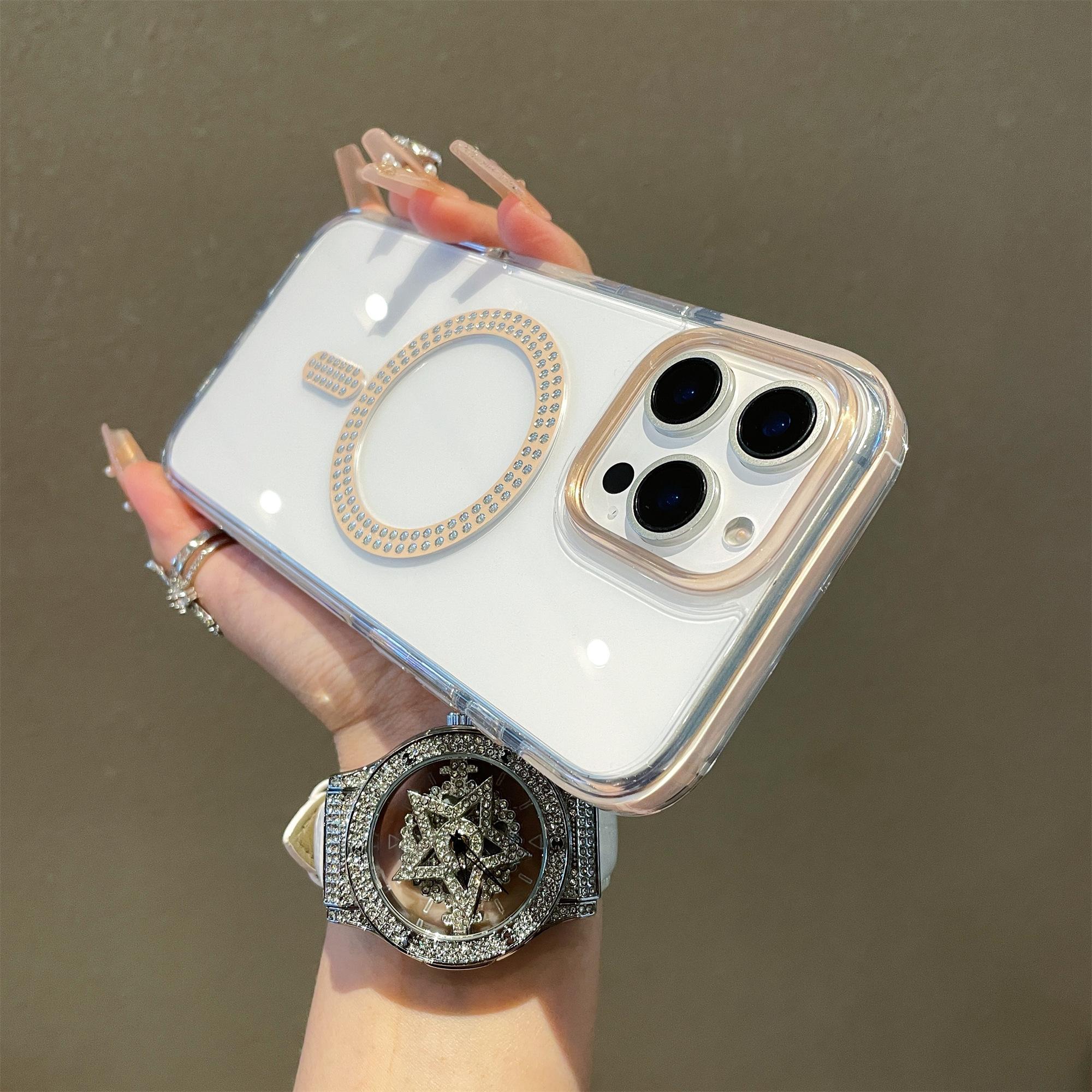 

For iPhone 15 Pro Max Case Compatible with MagSafe Rhinestone Decor TPU+PC Phone Cover Brown