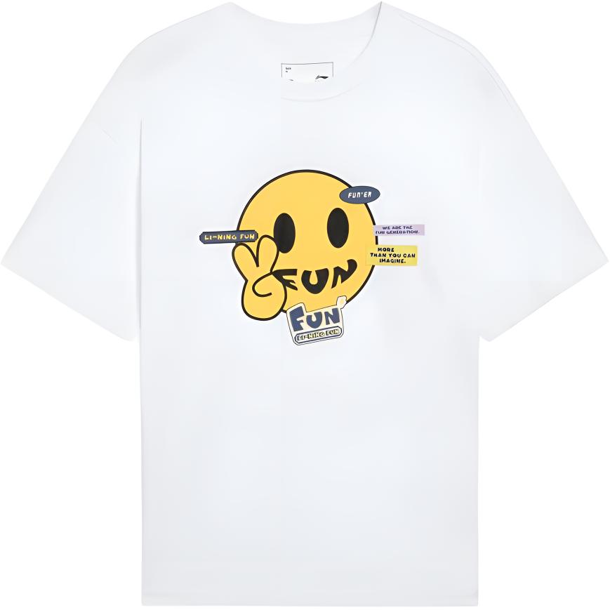 Li Ning Sports Fashion Series Solid Color Cartoon Smile Round Neck Pullover Short Sleeve Regular T-Shirt Women Tops White AHSSA52-3