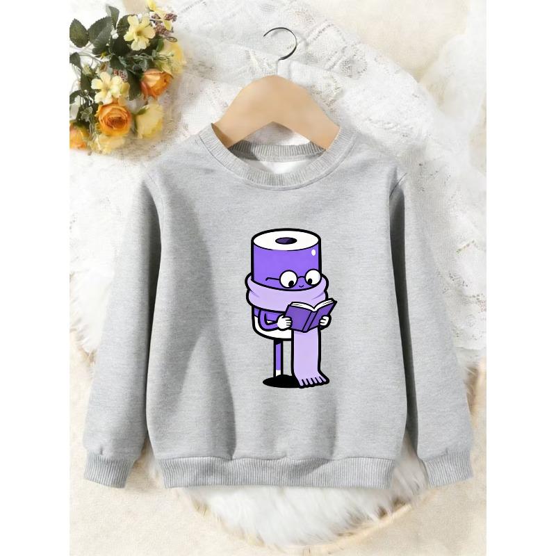 Unisex Kids Crewneck Sweatshirt, Cute Purple Toilet Paper Reading Book Cartoon Print Pullover, Boys Girls Casual Sweatshirt For Kids Over 4 Years Old