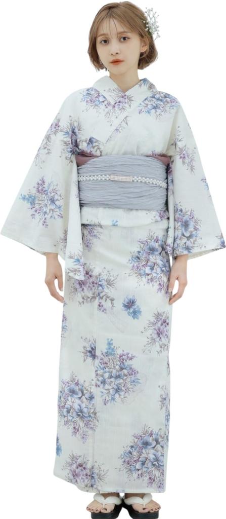 Dita Yukata Set with Obi in and featuring a Watercolor Floral Easy Dressing Bubble Flower Free Women's 5-Piece (Heko Obi) Blue, White, Purple, Print.