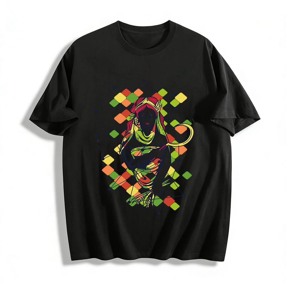 Vintage Harvest Goddess Geometric Print Art Casual Short Sleeve Top Pure cotton T-shirt