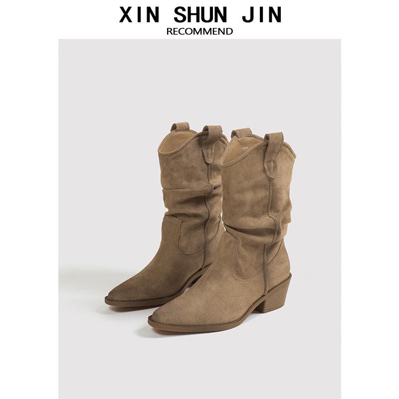 Pointed thin short boots Martin boots women's new autumn and winter retro thick heel knight boots pleated western pile boots