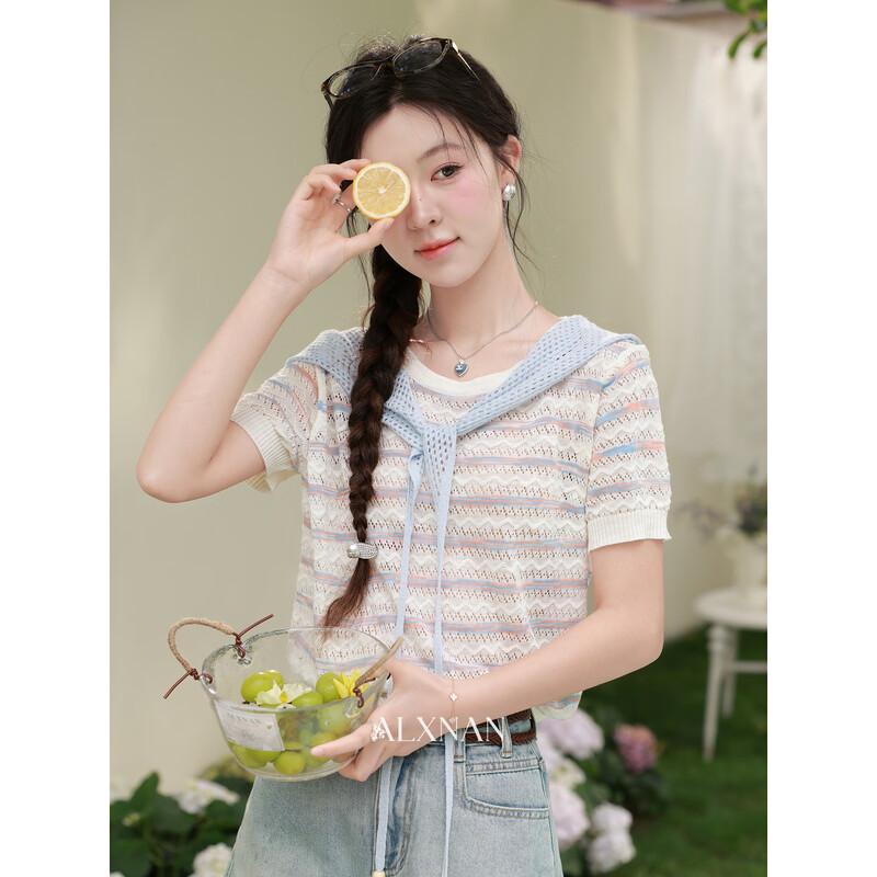 Lù Xiàng Nán Women s Light Blue Stripe Hollow-Out Knit Top M светло-голубой полосатый