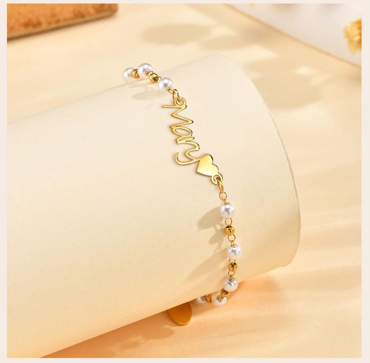 Customized Pearl Name Bracelet Waterproof Stainless Steel Personalized Script Nameplate Adjustable Chain