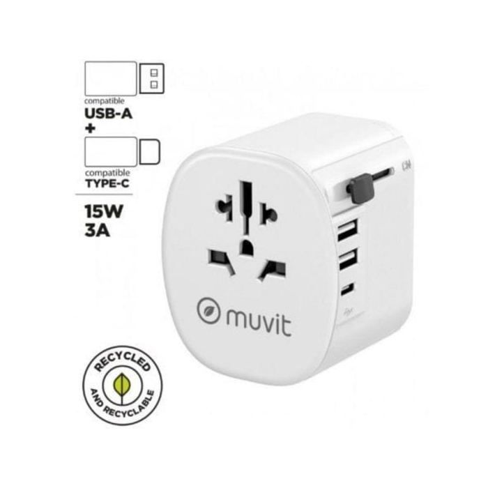 Universal-Reiseadapter Muvit For Change MCADP0006 2xUSB-A USB-C 15W Weltweite Kompatibilität