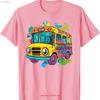 Buntes Schulbus Kinder Erwachsene T-Shirt vintage gewaschen dehnbares Oberteil für den Alltag Streetwear Designer Kleidung weich stilvoll